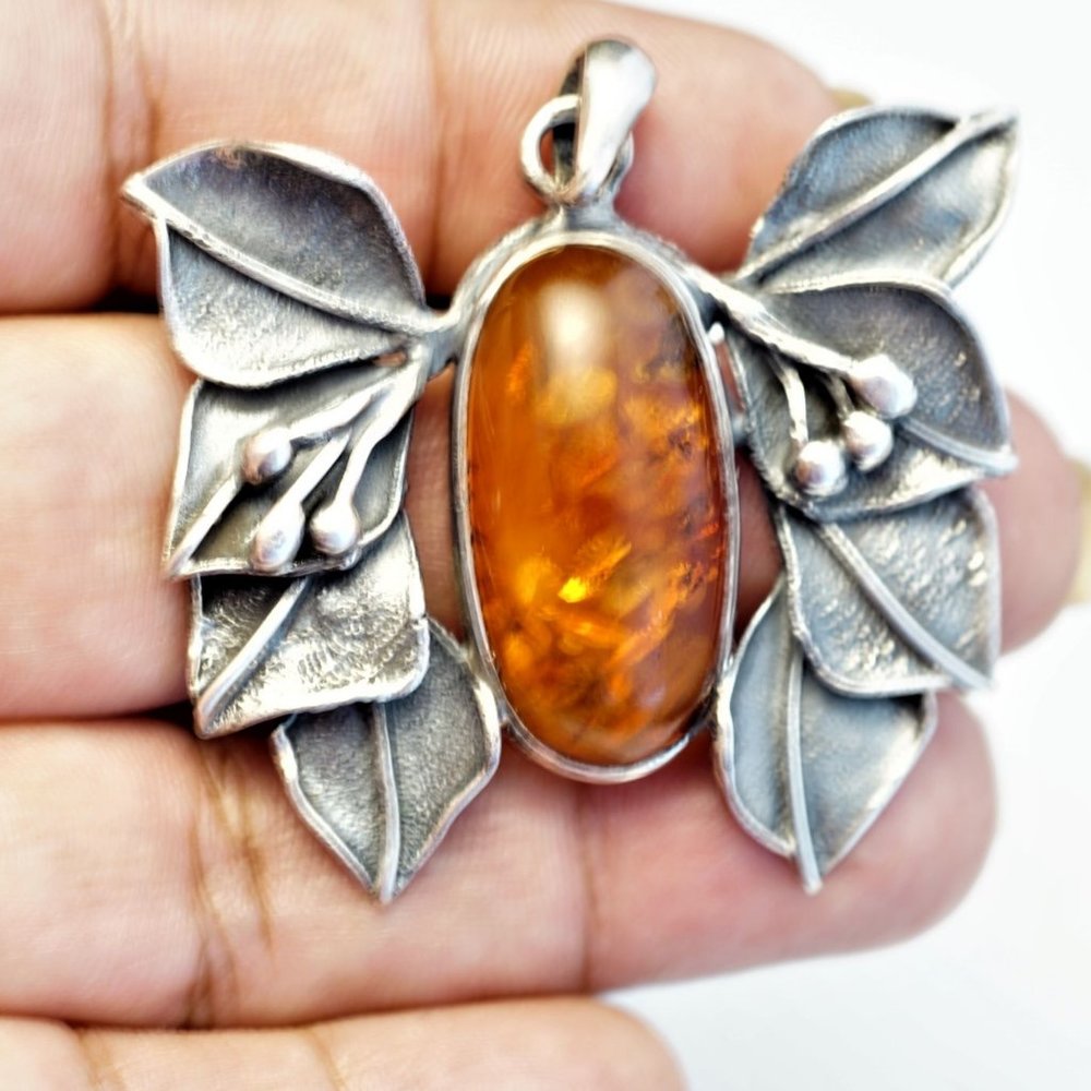 Large Amber Butterfly Vintage Silver Pendant 925